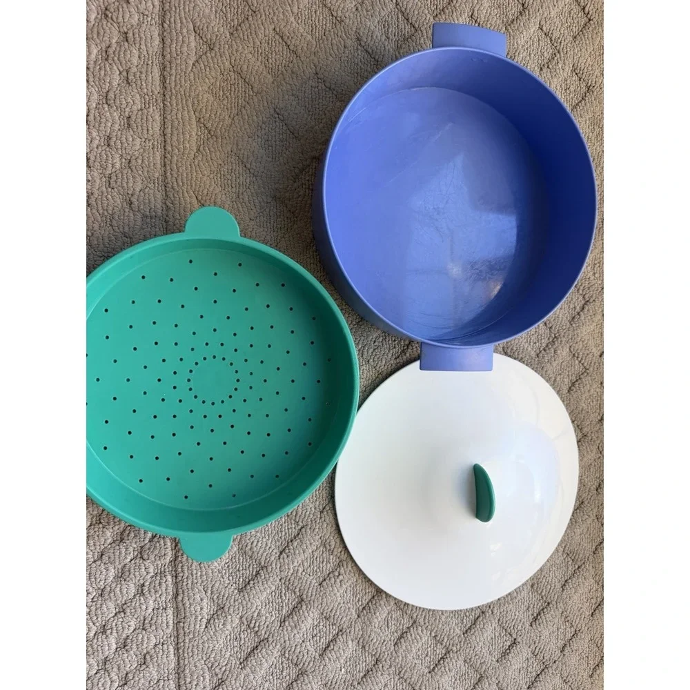 Vintage Tupperware Microwave Steamer Set Purple Green USA 3 Pc